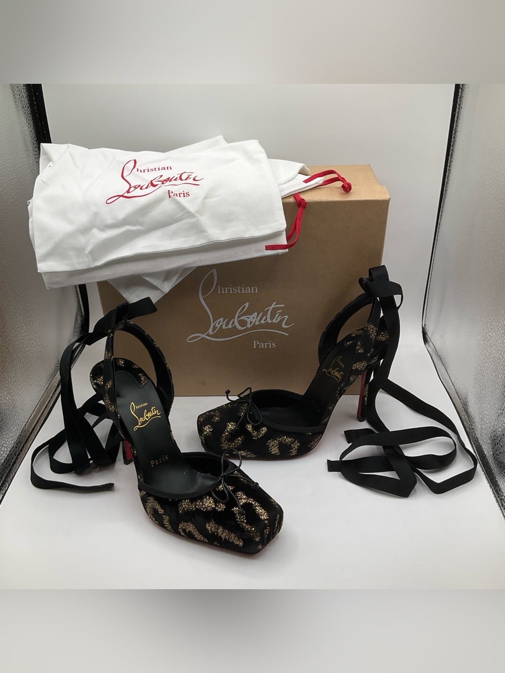 NEW Christian Louboutin Cassia Lace Up 100 Black Copper Velvet Heels US 10 EU 40